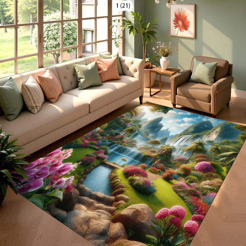 Carpet Tropical Fairy Valley Floral Waterfall Rug Carpet Mat Non-Slip for Living Room Bedroom Lush Home Decor
