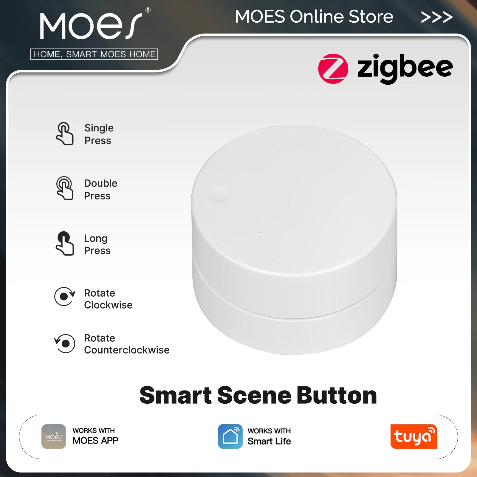 MOES Tuya Zigbee Smart Scene Switch Rotary Button Wireless Remote Control Light RGB Dimmable Adjustable 5 Actions Home Scenarios