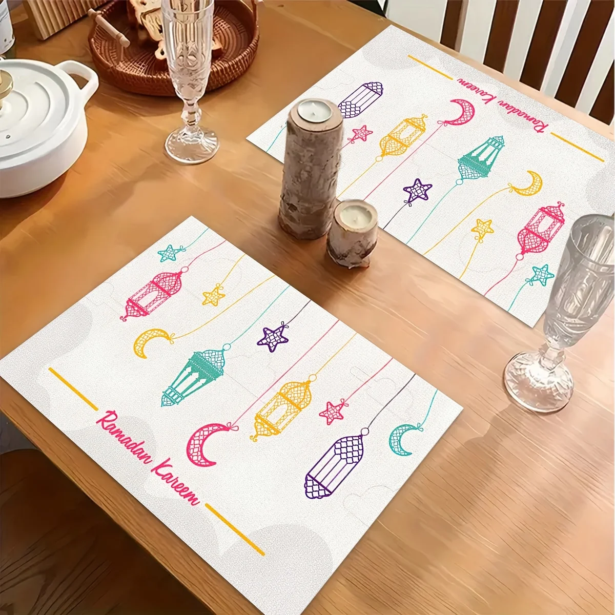 1PC Ramadan Kareem & Eid Mubarak Placemats - Islamic Star & Crescent Moon Table Mats with Ramadan Blessings