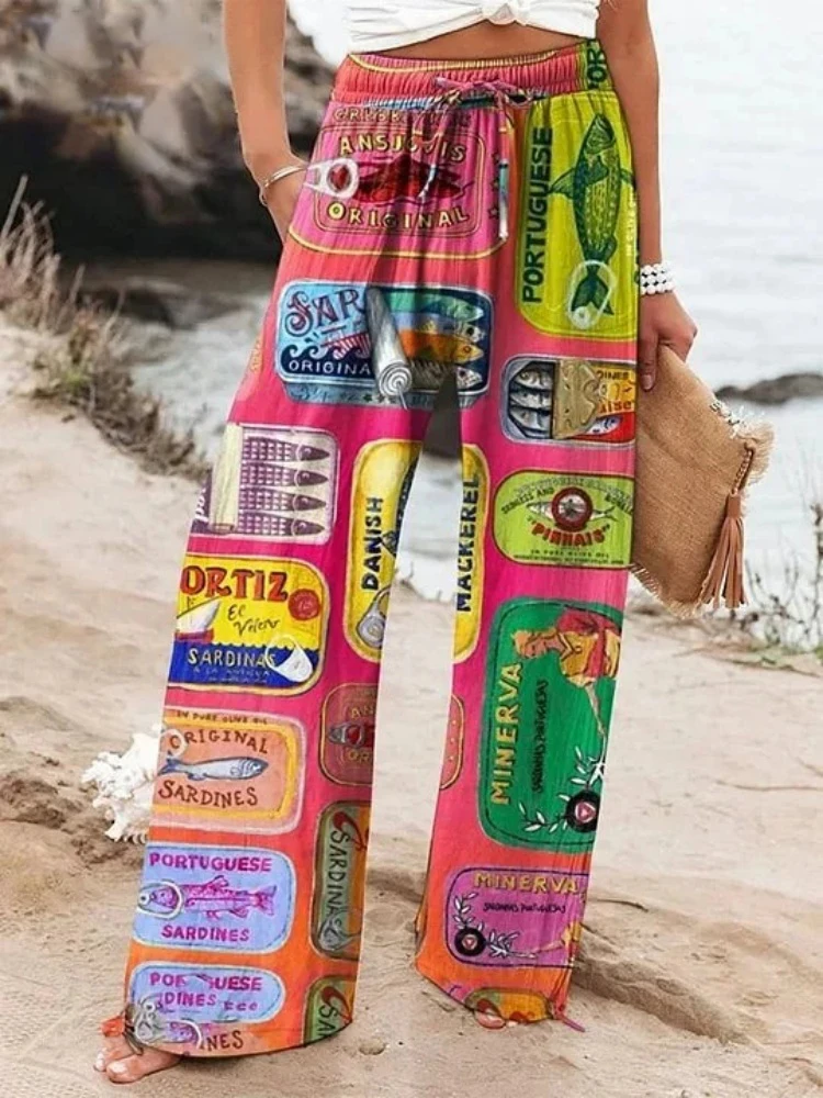 Women's Vintage-Style Wide-Leg Pants Drawstring Design 3D Color-Blocked Print Beach Resort Fashionable Breathable Wide-Leg Pants