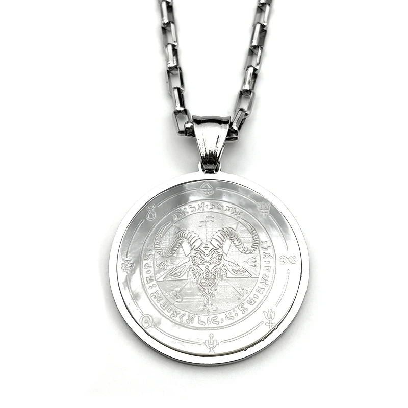 Hexerei Goth Baphomet die sabbatische Ziege Satan Pentagramm Halsketten für Frauen Männer Edelstahl hebräische Muschel Anhänger Schmuck – Detail 4