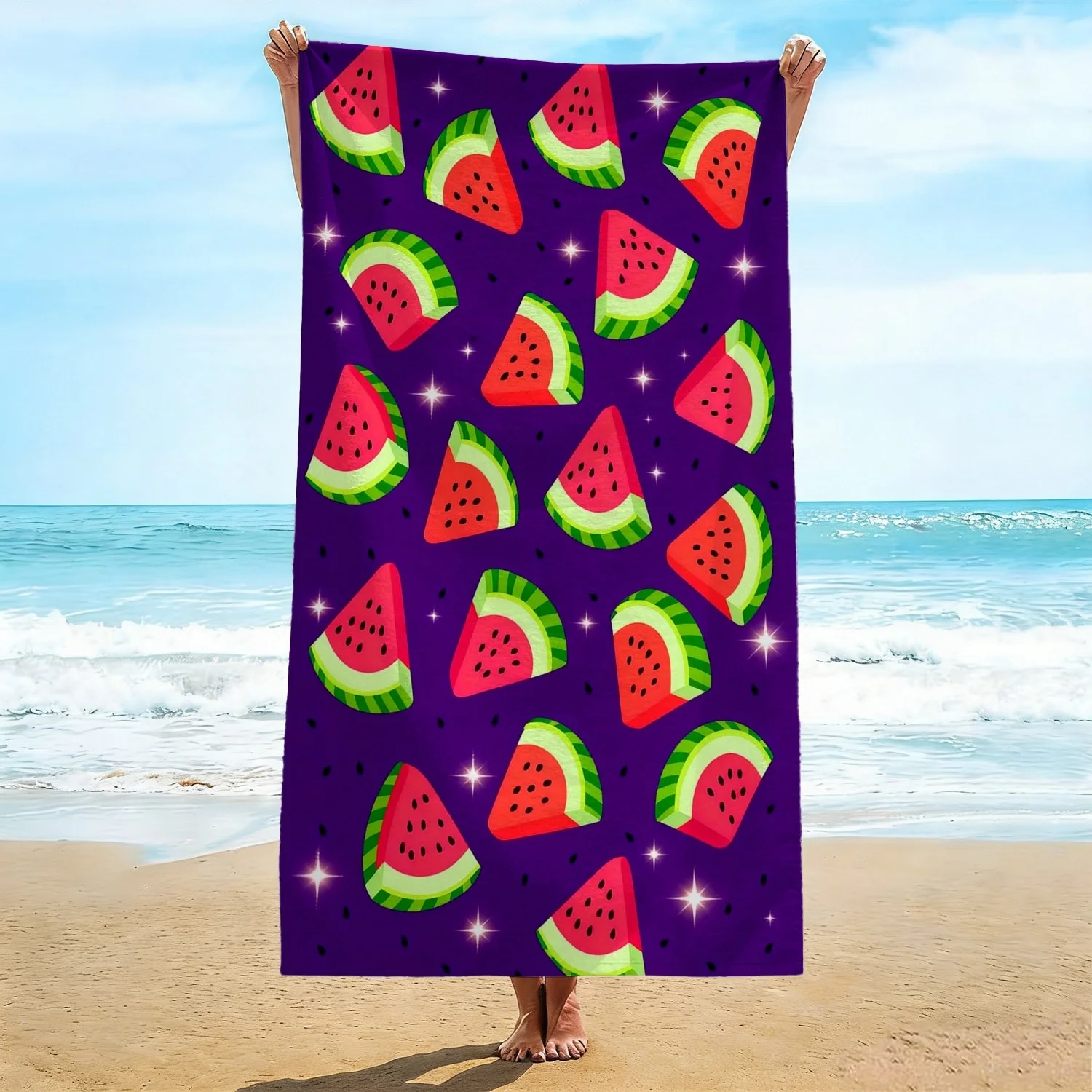1pcs Vibrant Purple Star Beach Towel, Red Watermelon Slices with Sparkle Stars Print Bath Towel, Playful Summer Beach Essential