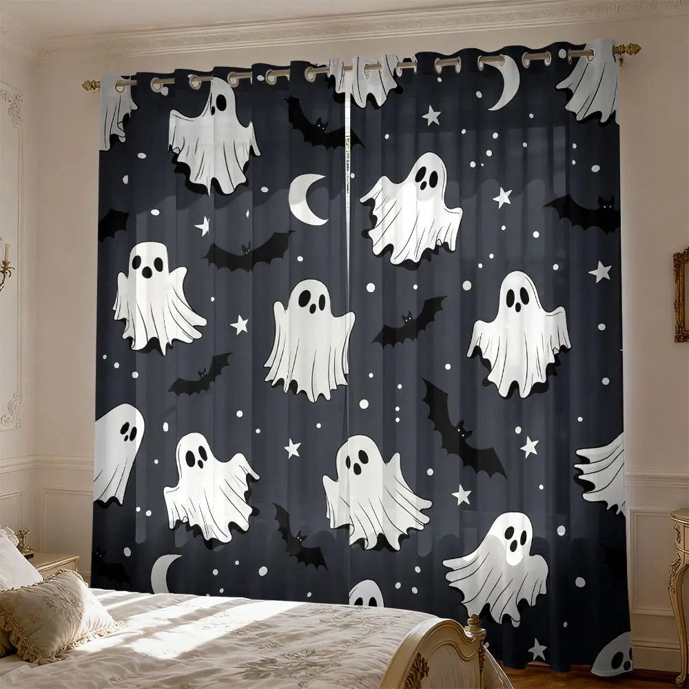 2pcs Ghost Bat Star and Moon Printed Curtains for Blocking Light in Bedrooms, a Fashionable Home Decoration Item