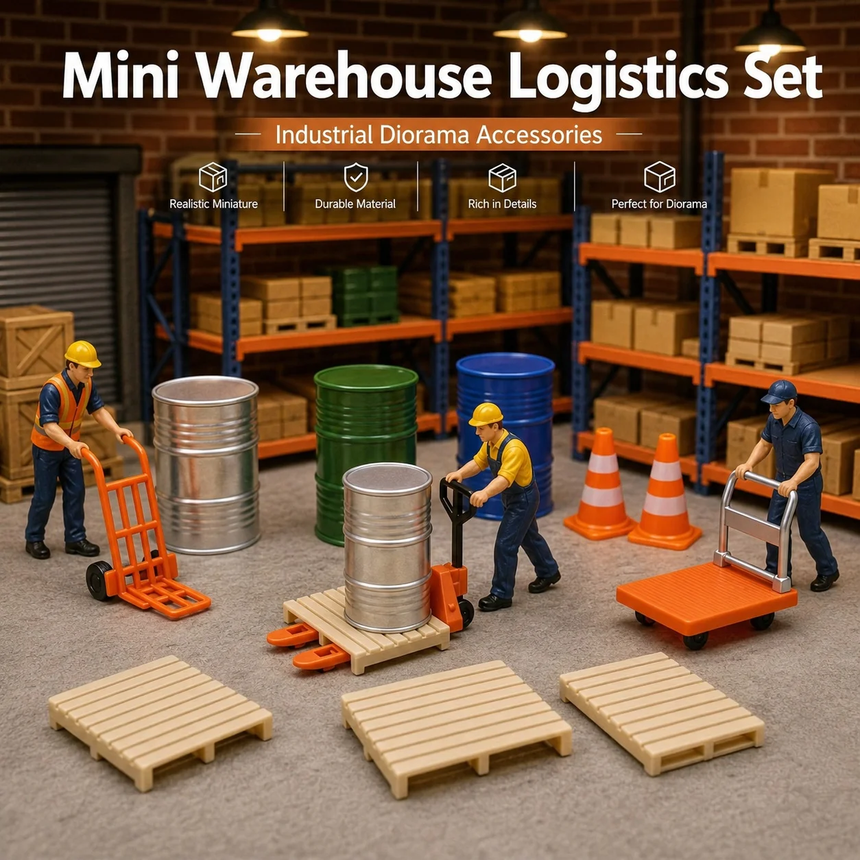 12 pcs Miniature Industrial Warehouse Logistics Set Pallet Jack Hand Truck Flatbed Cart Pallets Barrels Traffic Cones Diorama Pr