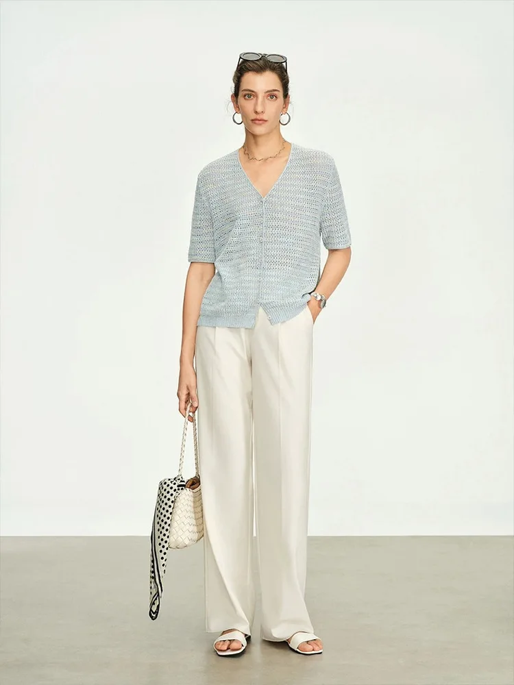 2025 Summer New! Women's Color - changing Feather - scale Shirt, Compo - leine Linen Sequin Loose V - neck Short - sleeve Knit C