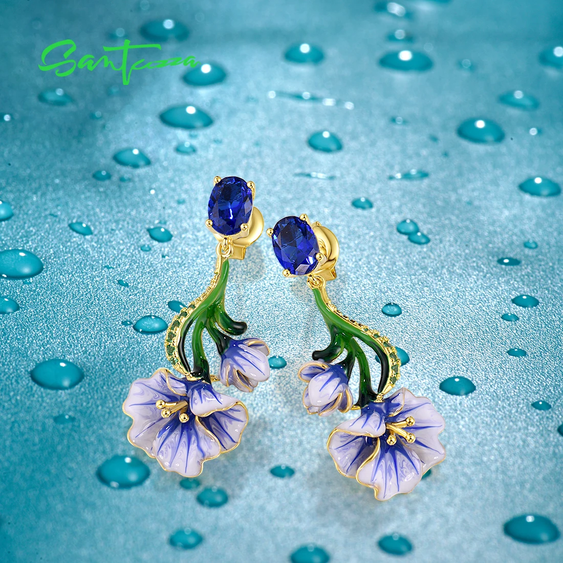 SANTUZZA Authentic 925 Sterling Silver Stud Earrings For Women Blue Spinel Enamel Flower Wedding Anniversary Gifts Fine Jewelry