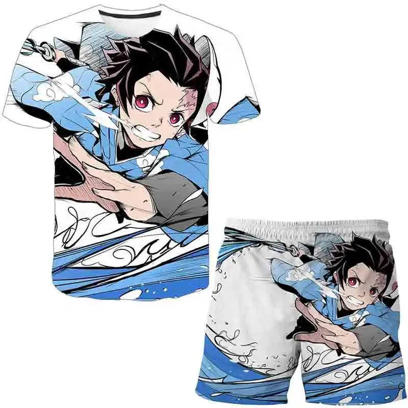 Demon Slayer Cartoon Sets for children Full Print Short Sleeve Elastic Waist Shorts Pajama Set Harajuku Children\'s Suit