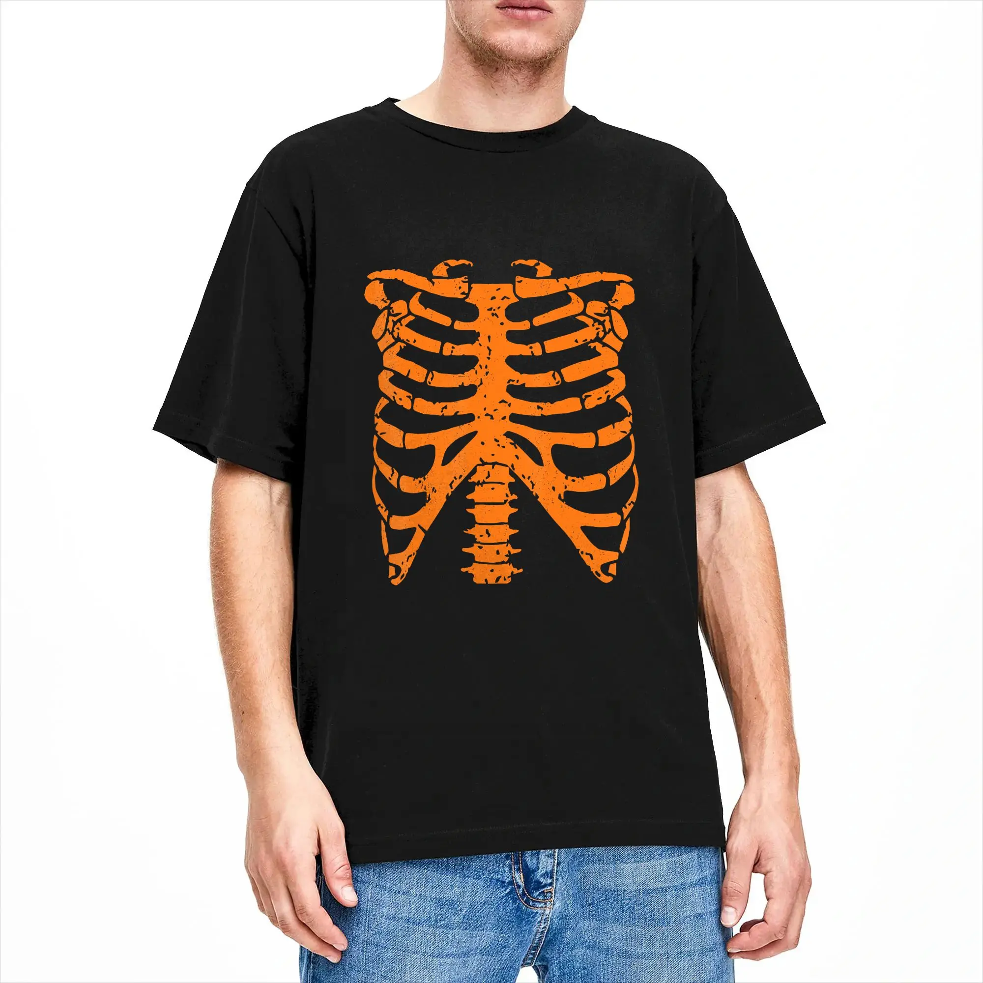 Men T-Shirts Torso Rib cage Skeleton Funny Halloween Costume Vintage Pure Cotton Tees Short Sleeve  T Shirts Round Neck Clothes