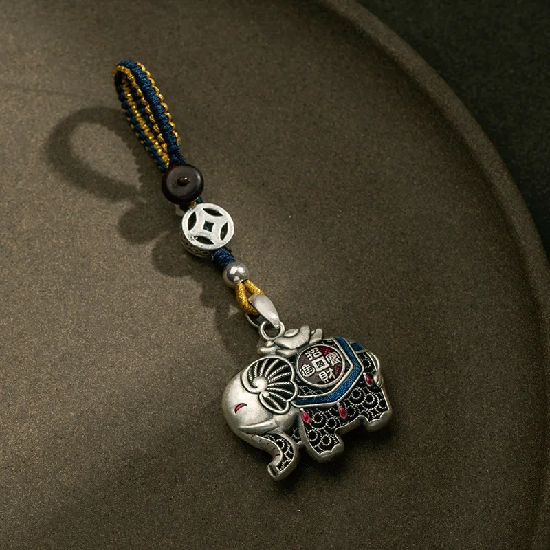 Artisan sterling silver Lucky Elephant keychain pure silver fortune enamel ornaments retro car key keychain pendant ladies