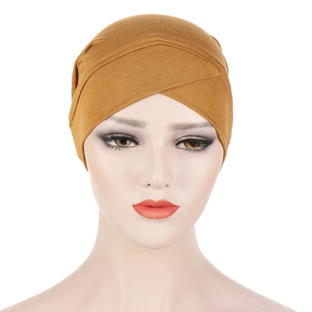 Comfortable Fit Solid Color Inner Cap Cotton Forehead Cross Under Scarf Caps Breathable Elastic Scarf Caps for Women