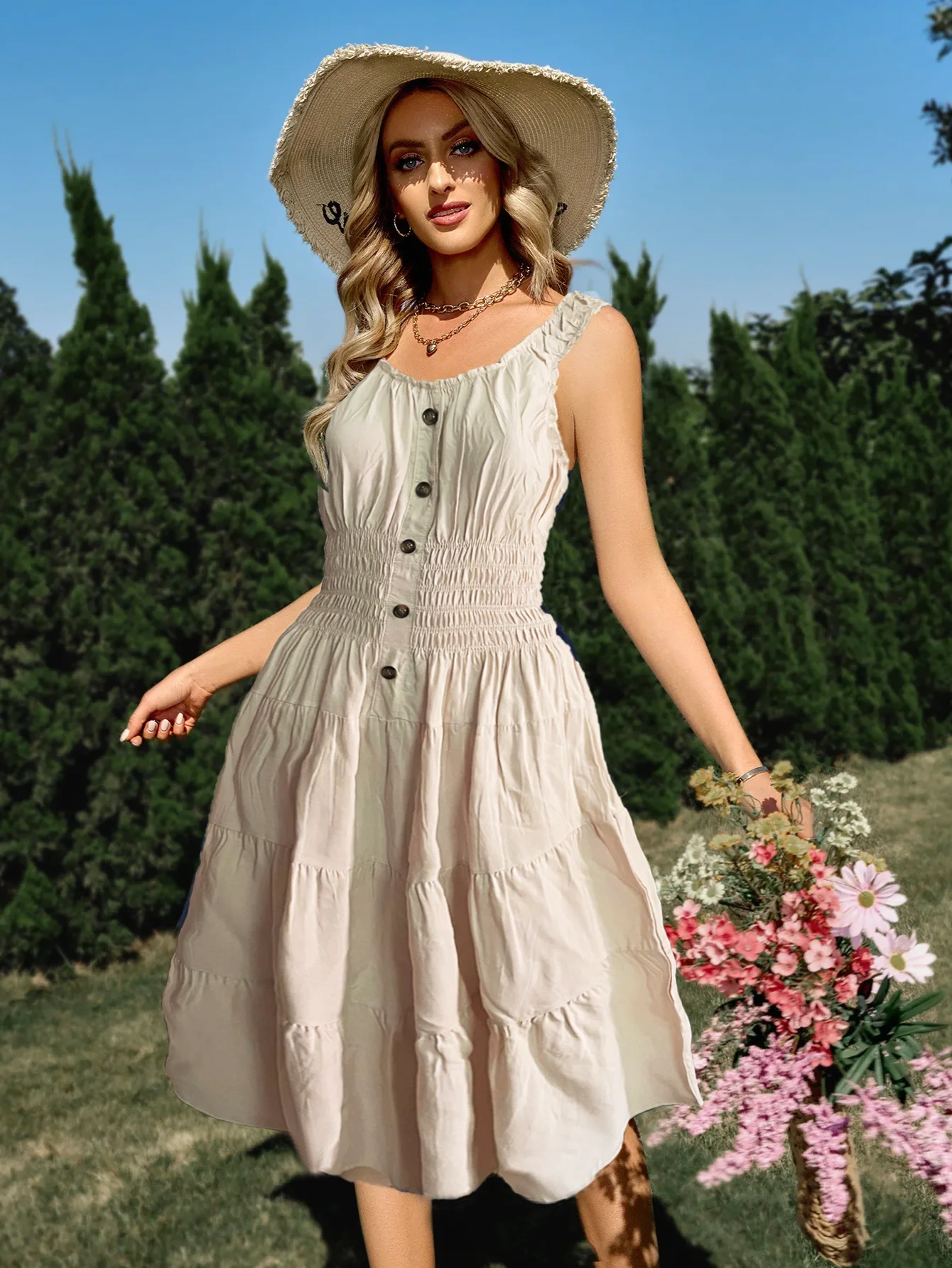 

Женское винтажное платье на пуговицах, элегантное хлопковое однотонное плиссированное платье-трапеция без рукавов и с круглым вырезом на лето
