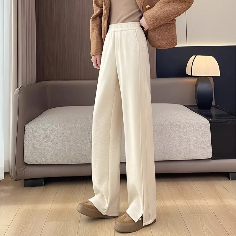 بنطلون نسائي من الصوف واسع الساق مبطن بالصوف سميك عالي الخصر، بنطال مستقيم الساق على طراز الخريف والشتاء