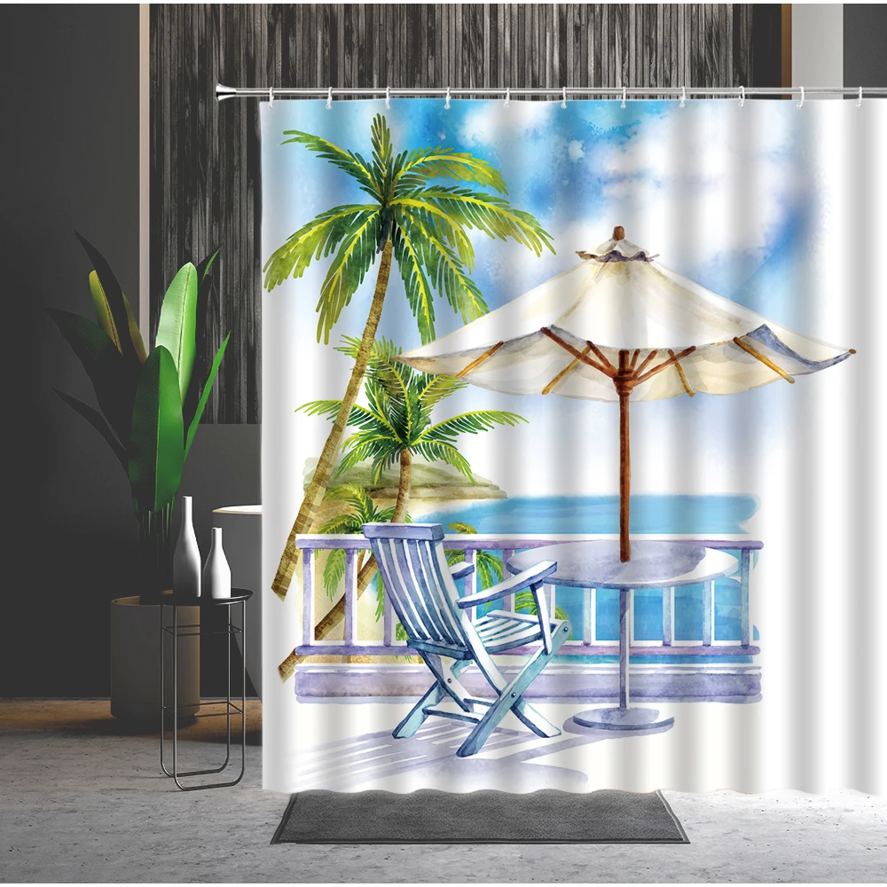 

Summer Sea Beach Shower Curtain Blue Ocean Starfish Conch Seashell Natural Scenery Waterproof Polyester Bath Curtains with Hooks