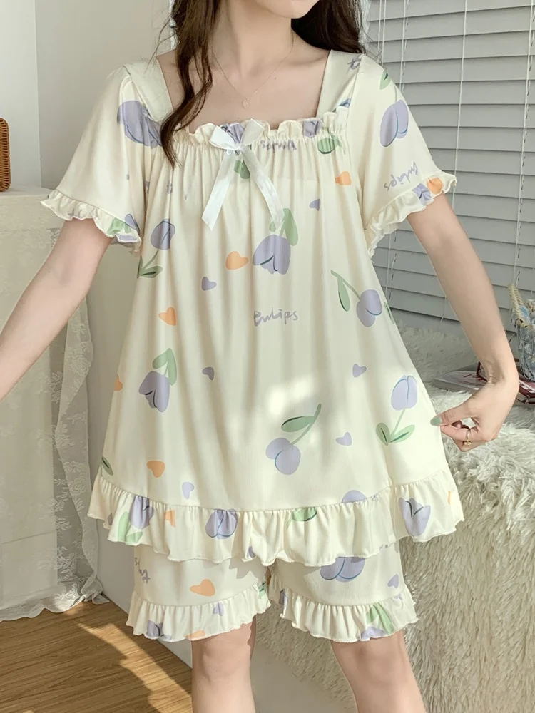 

plus Size Women's Summer ort Sve Spwear Thin Ice Silk Cotton Home Clothes Set Sweet Cute Sle Floral Print Casual Wear