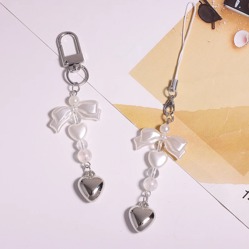 1pc artesanal simples arco frisado chaveiro pingente doce pérola prata amor telefone corrente saco pendurado decoração