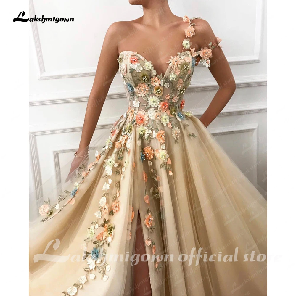 Lakshmigown One Shoulder Prom Dresses Long 3D Floral Lace Applique Formal Evening Gown Party Dresses High Split Customized