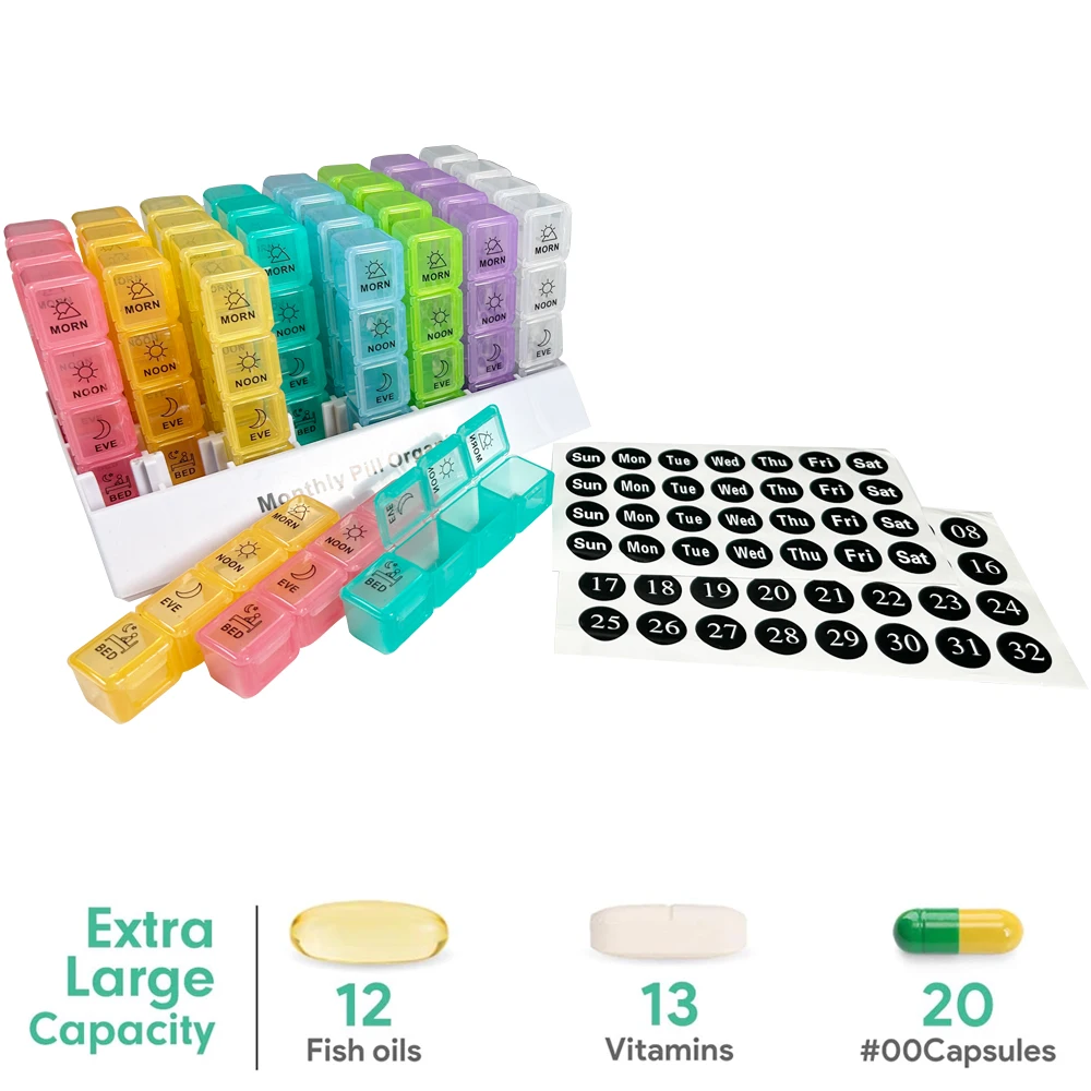 

1pcs Monthly Pill Organizer 4 Times A Day, One Month Pill Organizer,Monthly Pill Box Organizer with 32 Daily Compartments