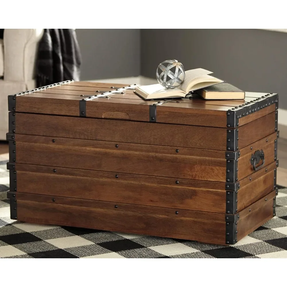 Coffre de rangement en bois vintage avec dessus élévateur, table basse marron