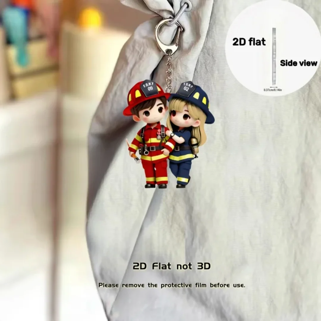 2D Firefighter Couple Keychain - Heavy Equipment Key Ring 评论和价格