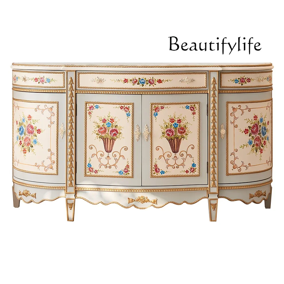 

Palace retro villa hand-painted solid wood luxury porch cabinet European semi-circular corridor cabinet bedroom bedside cabinet