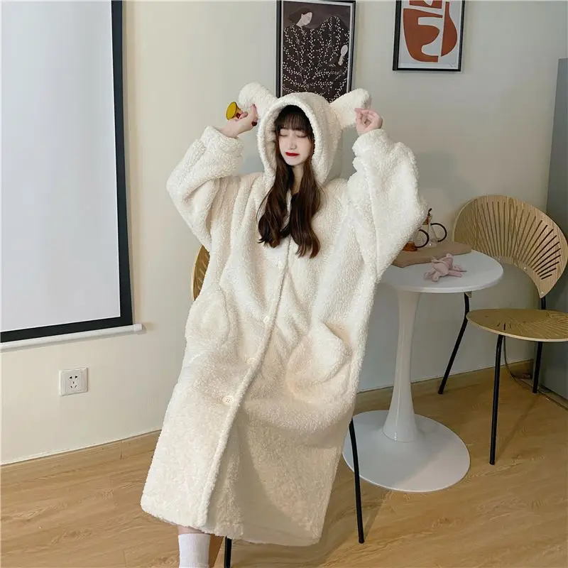 Cute Bear Coral Velvet Pajamas Winter Warm Thickened Bathrobe Women  Long Robe Nightgown Kawaii Bath Robe Soft Home Loungwear