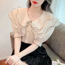 Sweet Peter Pan Collar Ruffles Puff Sleeve Spliced Button Oversized Chiffon Shirt Commute Pullovers Loose Chic Women's Blouse