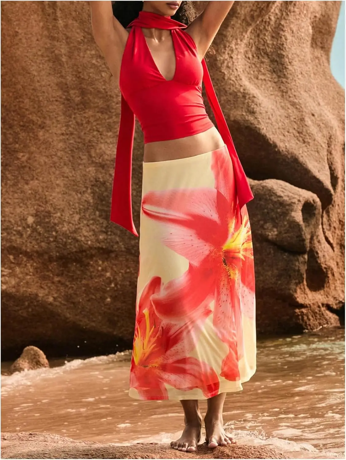 Luxy Trio Gonna floreale da donna con orlo dritto, gonne lunghe estive, elementi essenziali per le vacanze al mare