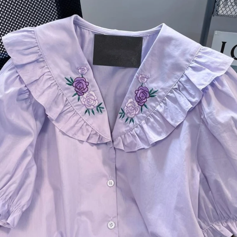 Purple Sweet Flower Embroidery Peter Pan Collar Women Shirt Kawaii Ruffles Puff Sleeves Lolita Blouses Tops Elegant Blusas Mujer