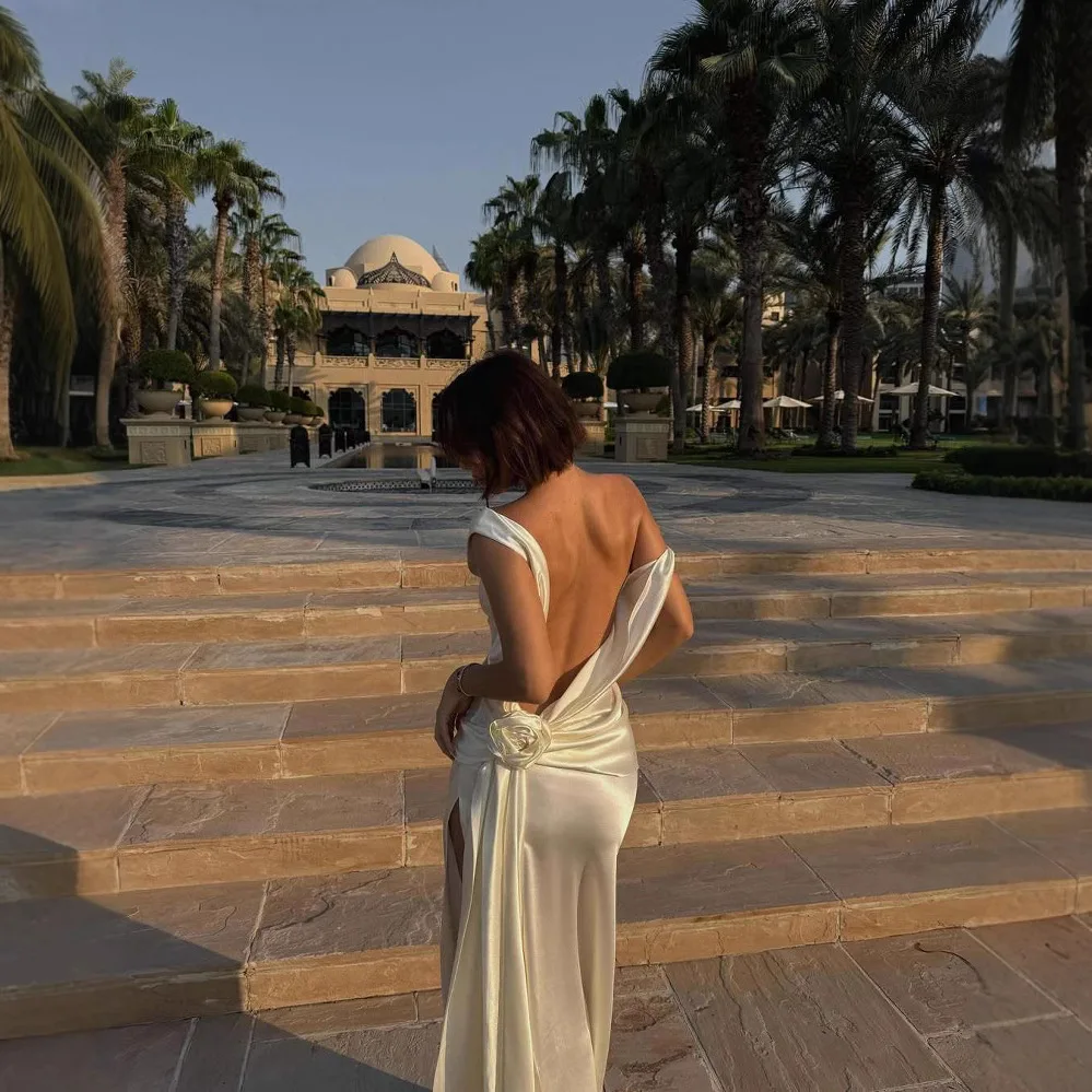 

Satin Backless Sexy Maxi Dress for Women 2025 Spring 3D Flower High Split Elegant Robe Beach Holiday Party Club Gown