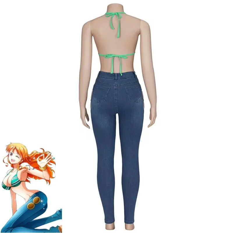 Anime Nami Cosplay Costume Wano Kuni Country Skinny Jean Tube Tops Swimsuit Wig Woman Sexy Summer Day Beach Party Suits;2k,j'x.8