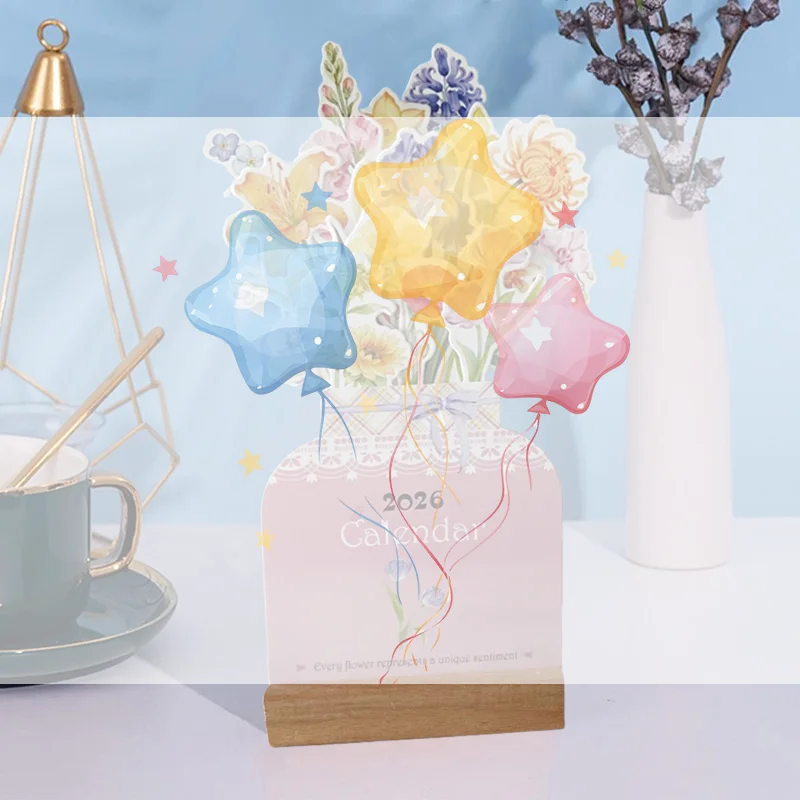 

Environmentally Friendly Paper Flower Desktop Calendar Wooden Stand Calendar Cute Exquisite Decorative Ornament Natural Wood
