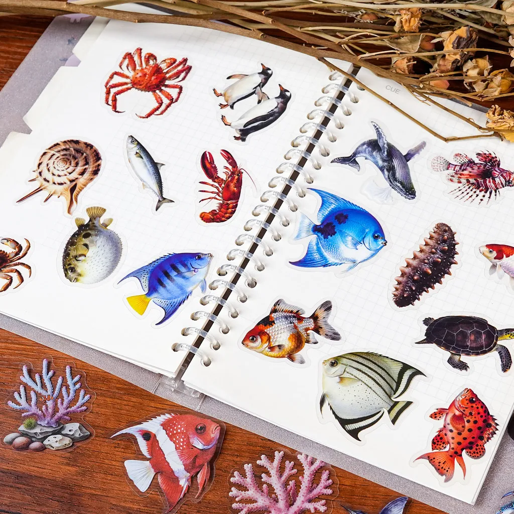 56개 신형 리얼리틱 해양 동물 스티커 고투명 PET 물고기 데칼 창의적인 수공예용 블링블링 스티커 스토어