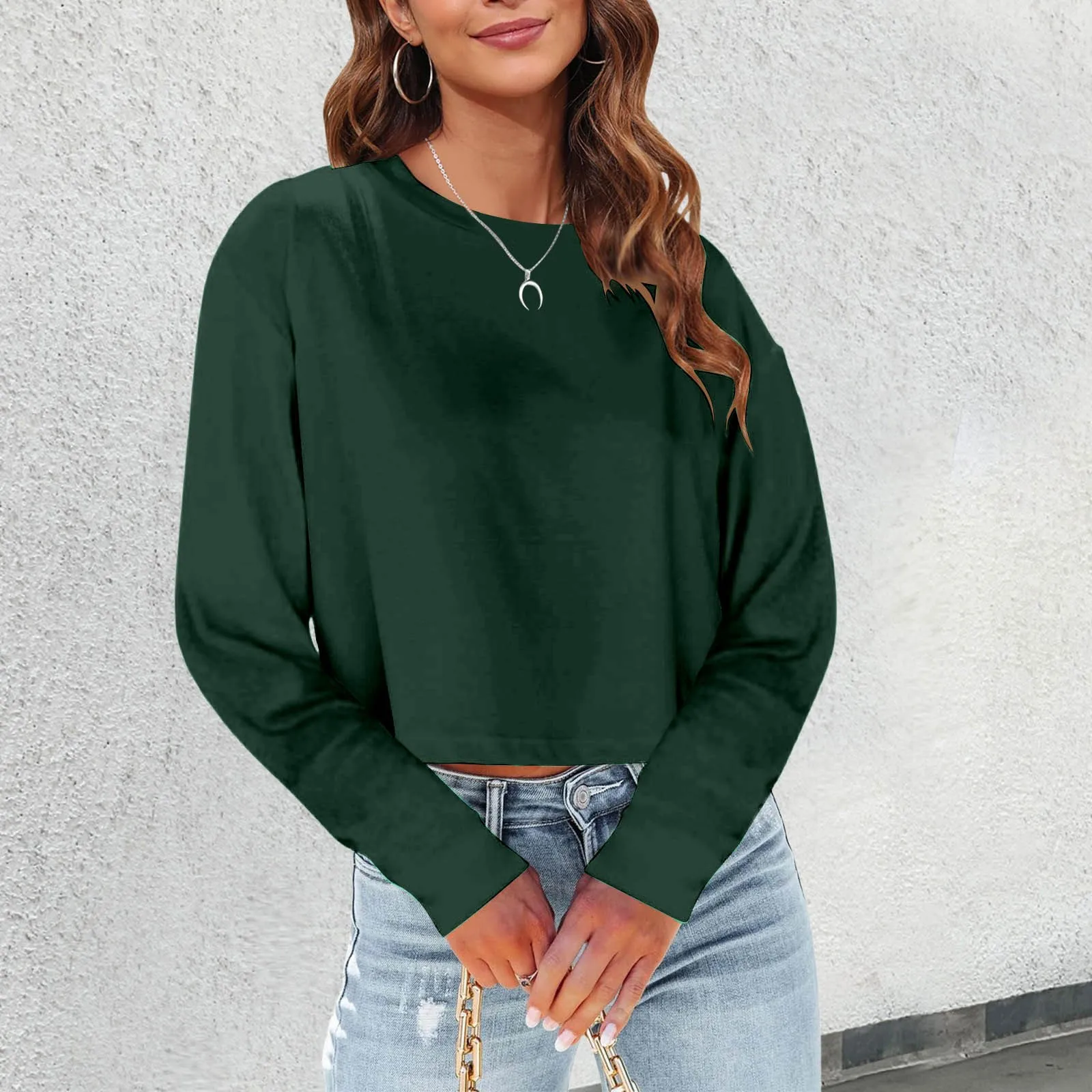 Solid Color Splicing Loose Large Size Comfortable Soft Versatile Long Sleeves Top Womens Spring and Autumn New Crew Neck T Shirt