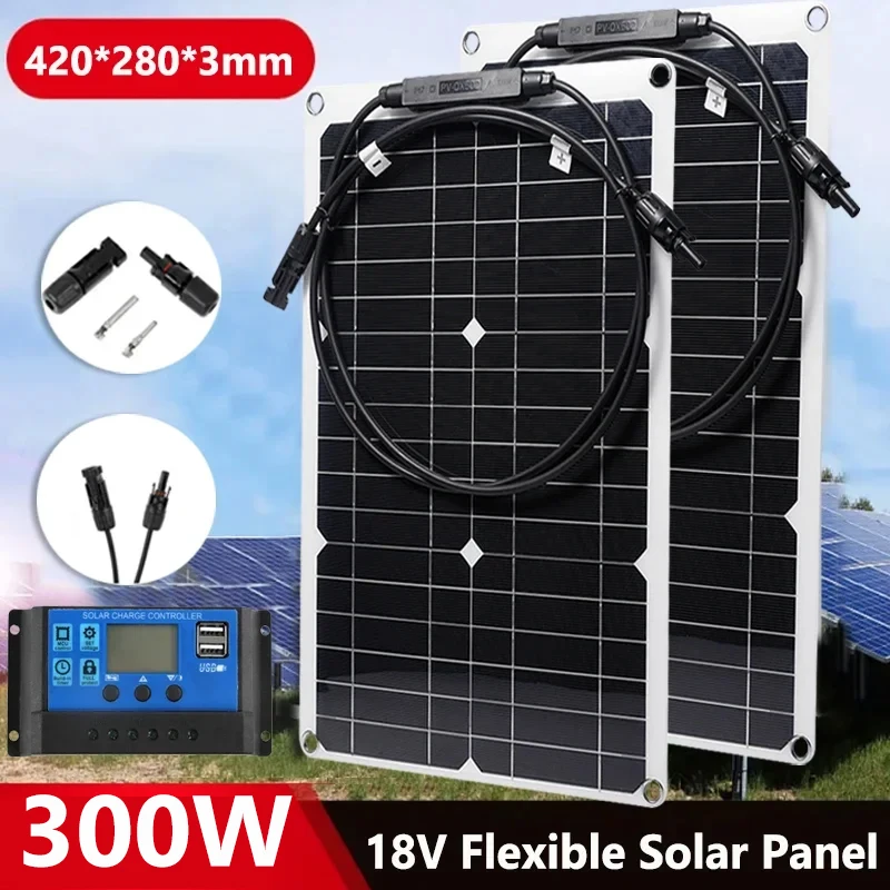 300W Flexible Solar Panel 18V Solar Cell With 10A-100A Controller Power Bank for Outdoor Camping Phone Car RV Yacht