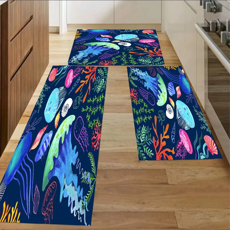 Watercolor Jellyfish Coral Rug Carpet Mat Non-Slip for Kitchen Floor Laundry Room Bathroom Entryway Ocean Home Decor