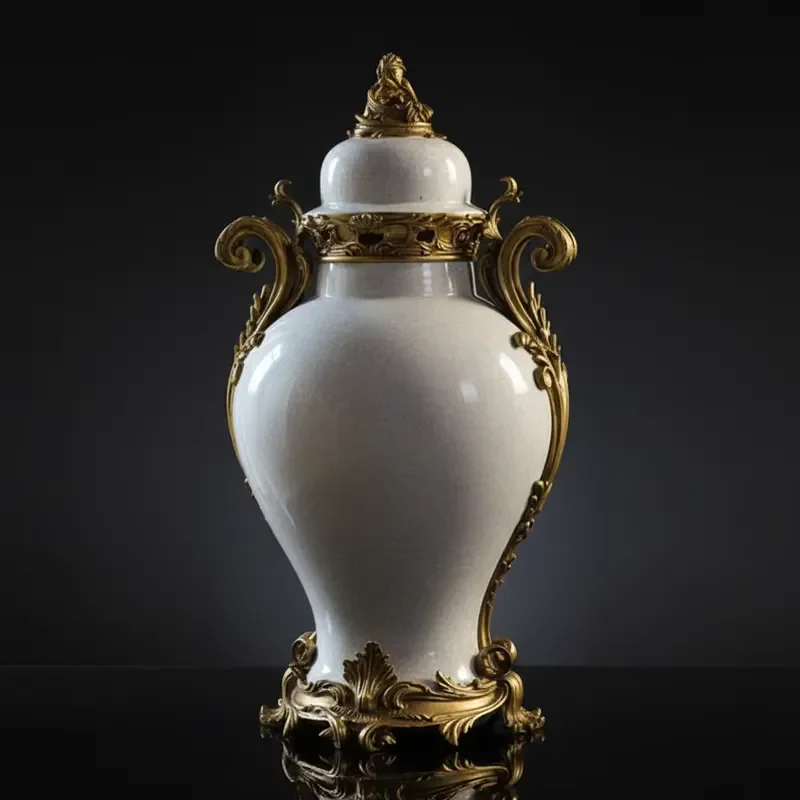White Ceramic Decorative Vase Gold Metal Handled Pot Vintage European Porcelain Temple Jar Living Room Centerpiece