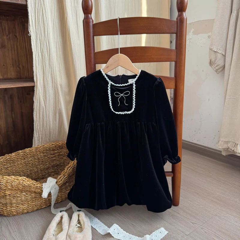 

2025 Winter New Girls Long Sleeve Fleece Dress Cute Bow Children Thick Warm Dress Baby Girl Velvet Princess Dress Kids Clothes