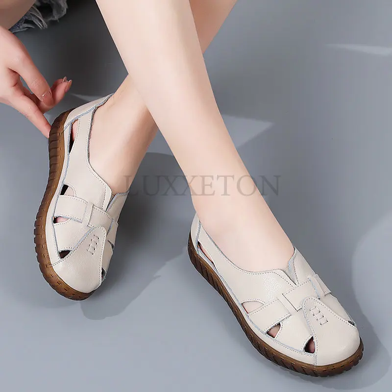 Women Genuine Leather Sandals Summer Ladies Shoes Comfortable Ankle Hollow Round Toe Sandals Woman Soft Beach Sole Female Shoes