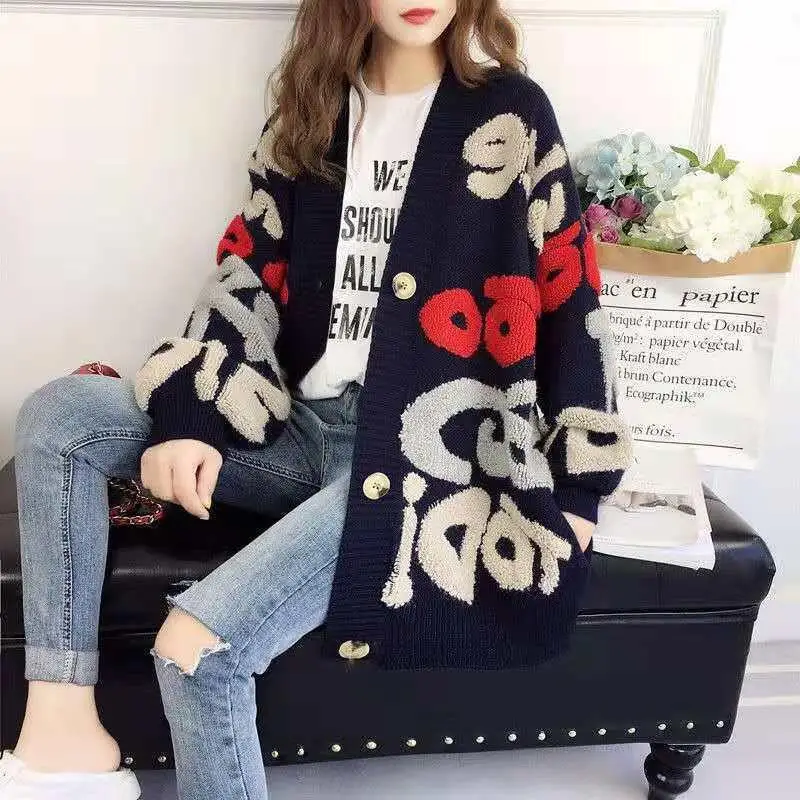 Autumnwinter New Womenfashion Soft Loose Casual Versatile Korean Version Sweater Tops Popular Lazy Style Thick Knitcardigan Tops