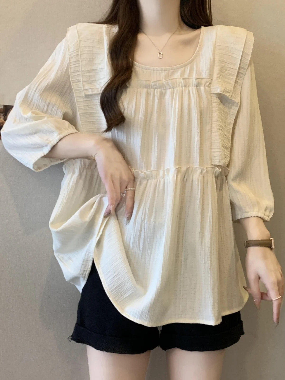 Loose Women's Summer Top Midi Sleeve Chiffon Shirt Conceal Belly Slimming Design Korean Style Bubble Sleeve round Neck T-shirt