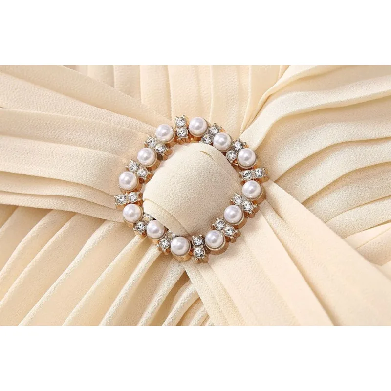 QMQA Fashion Women's Elegant Pleated Dresses V-neck Waist With Bead Buckle Lace Up Chiffon Large Hem Long Dress 2025 Female A839