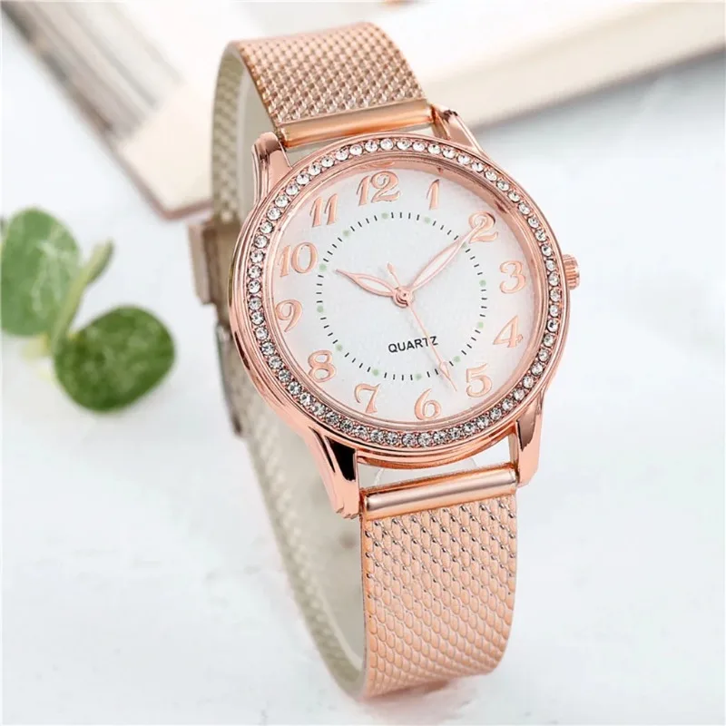 Modne zegarek świetlny biznesowe dla kobiet lekka opaska luksusowa siatka Rhinestone Quartz Wirstwatch Sk Часы Женские San Martin Store