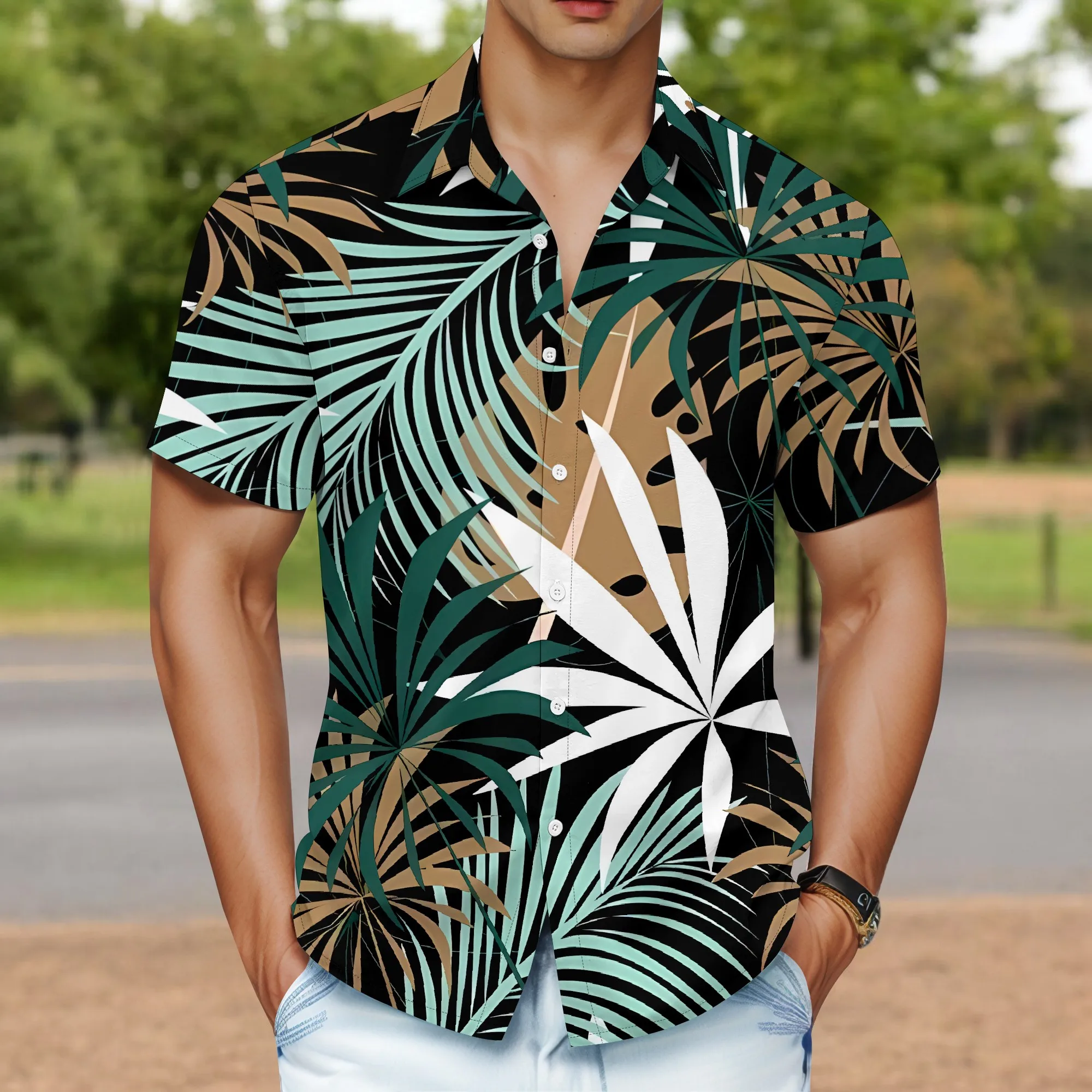 

YEAE Men's Tropical Plant Print Shirt Short Sleeve Regular Size