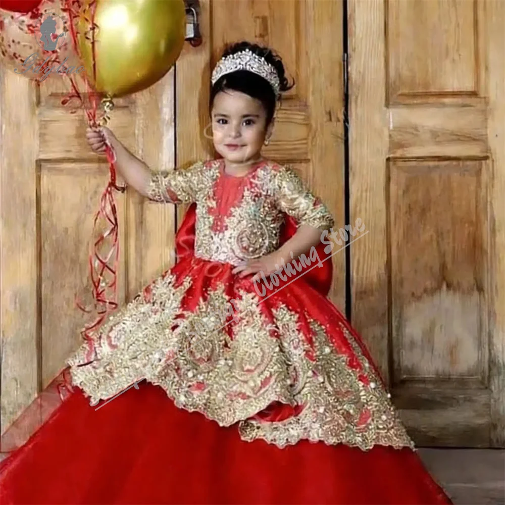 Red Flower Girl Dress With Fluffy Design Lace Appliques Suitable For Weddings Children's First Communion Birthday Dresses