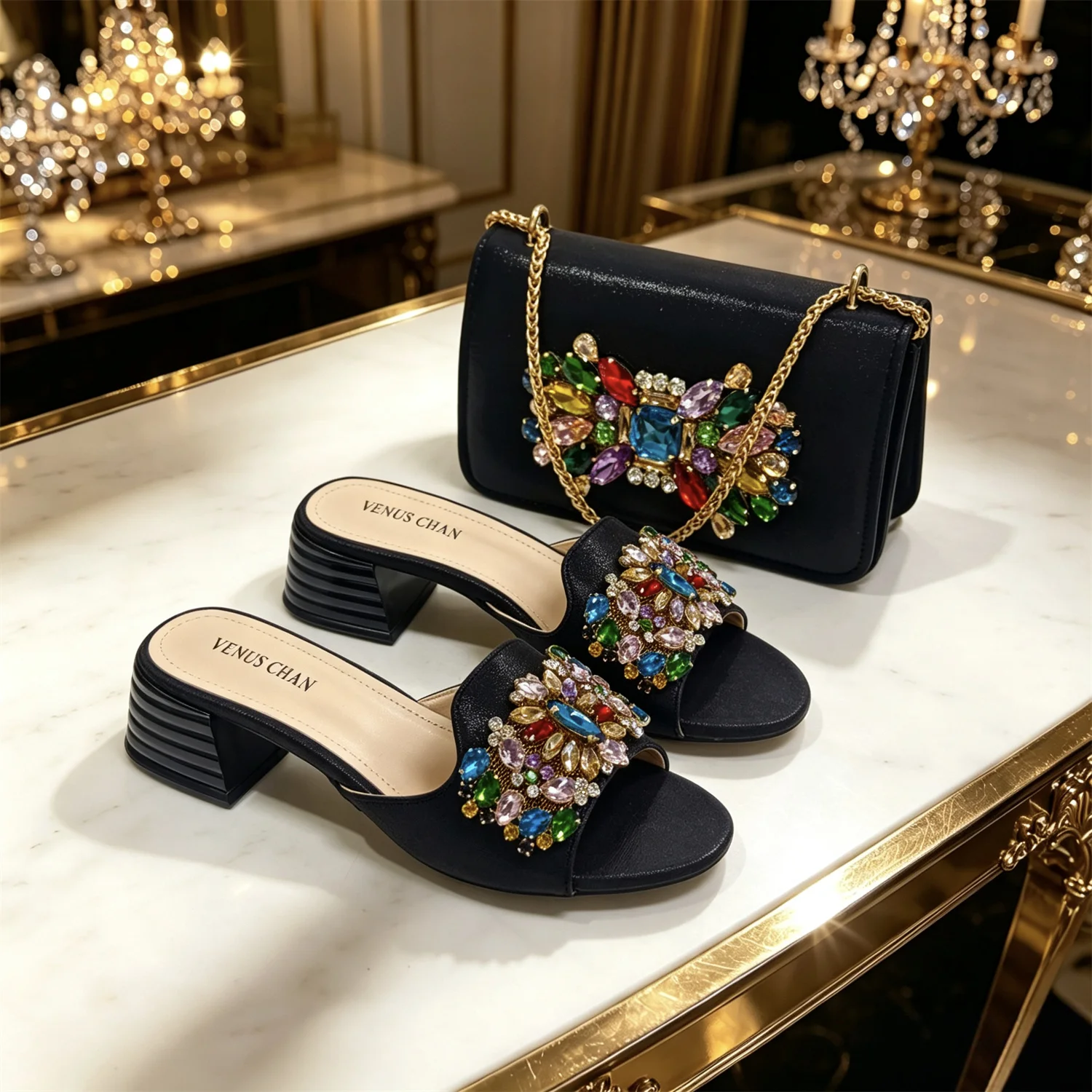 

Venus Chan 2026 Luxury Italian Dark Black Rhinestone Peep Toe High Heels & Matching Bag for Women - Elegant Sandals