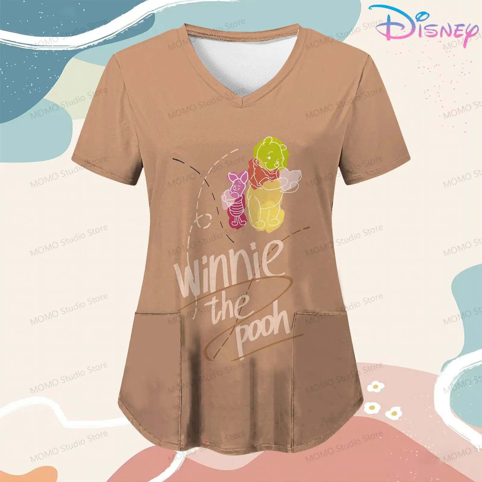 Disney Women's Shirts Winnie Pooh Cute Women's Nurse Uniform T-Shirt New Tops Pocket S-2XL V Neck Cheap Clothes 2024 Hospital