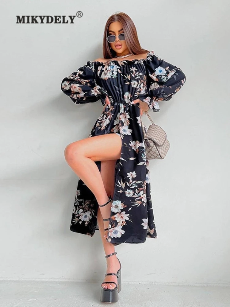 Mikydely Autumn New Sexy Off-the-shoulder Printed Slit Mid-length Dress