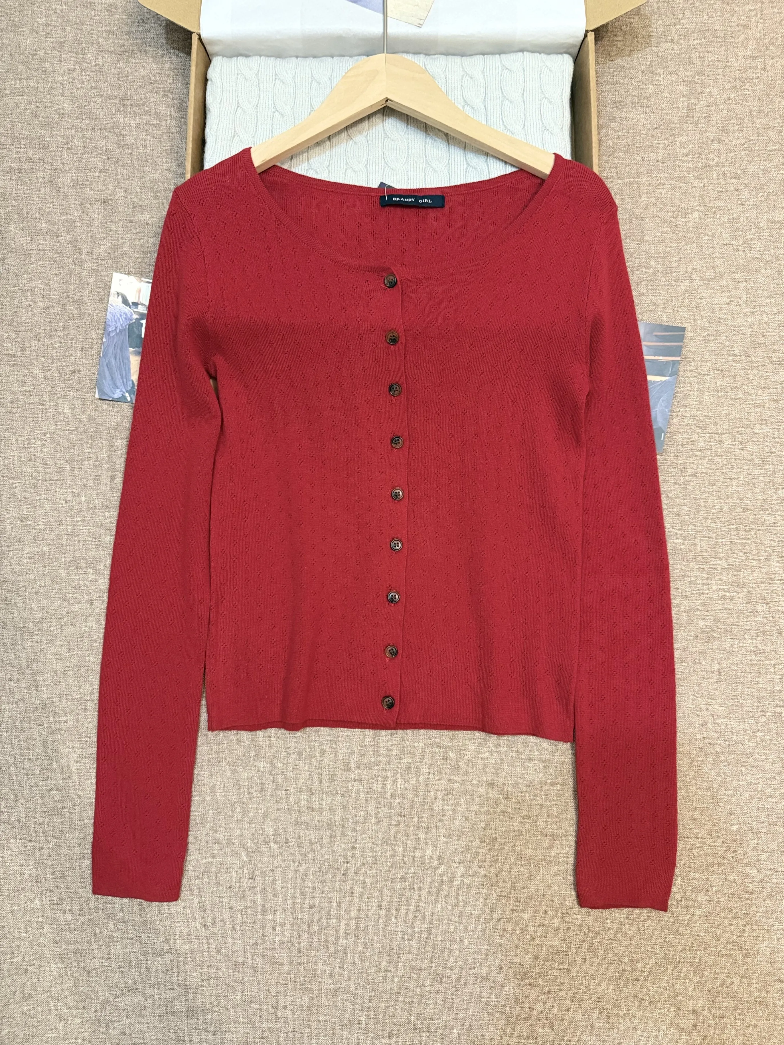 

Red Eyelet Cotton Knitted Cardigan Women Autumn New Casual Streetwear Buttons Long Sleeve Coat Sweet Simple Basic Sweaters Tops