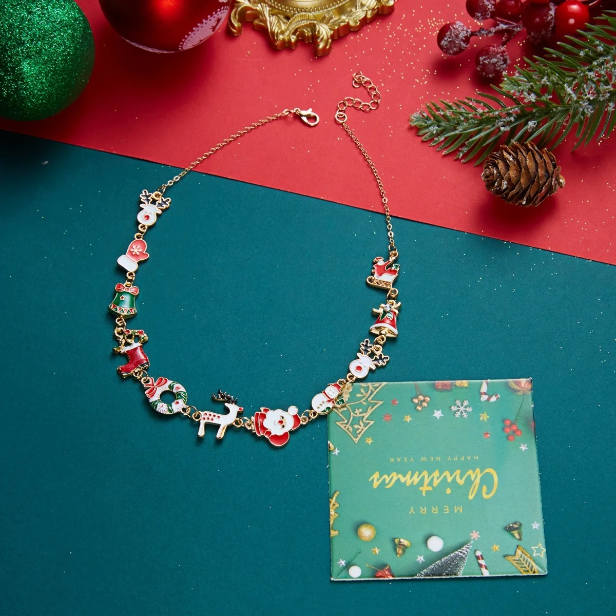 Weihnachtsbaum, Schneemann, Weihnachtsmann, Kranz, rote Kristall-Halskette für Damen und Herren, Weihnachten, Schneeflocken, Glocken, Hirsch, Halsband, Neujahrsschmuck – Detail 29