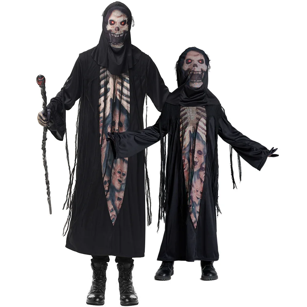 Boys Black Death Azrael Cosplay Kids Children Halloween Devil Ghost Skeleton Robe Costumes Carnival Purim Role Play Party Dress